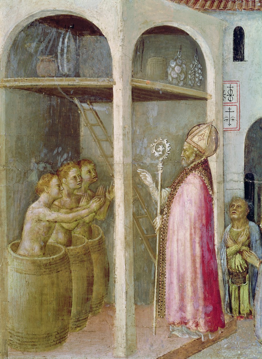 São Nicolau ressuscita as três crianças jogadas em cubas de salmoura, detalhe de um painel de predetes do retábulo de Quaratesi, 1425 (têmpera no painel) de Gentile da Fabriano