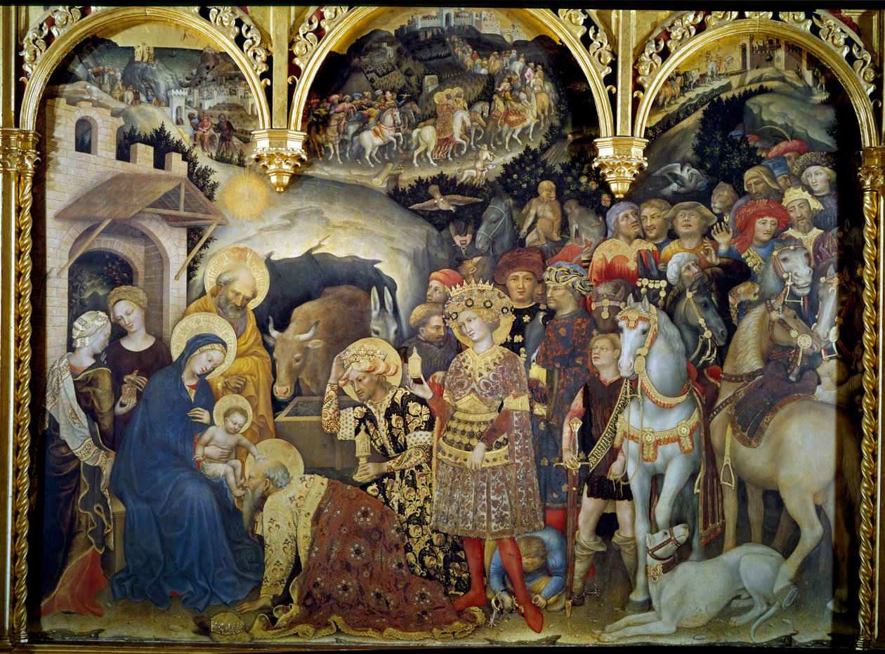 A Adoração dos Magos Detrempe na Madeira por Gentile da Fabriano (1370-1427) 1423. O Sol. 3x2,8 m Florença, Galeria Uffizi. de Gentile da Fabriano