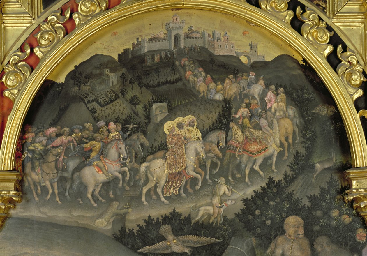 A adoração dos Magos detalhe da jornada a Jerusalém, temperada em 1423 no painel detalhe de 29414 de Gentile da Fabriano