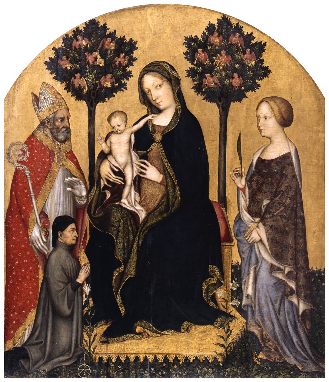 Nossa Senhora entronizada com o Menino Jesus, São Nicolau de Bari, Santa Catarina de Alexandria e um benfeitor de Gentile da Fabriano