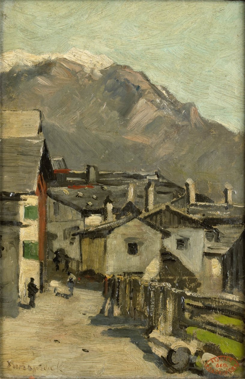 Casas ao longo de uma estrada perto de uma montanha (Innsbruck?) de Geo Poggenbeek