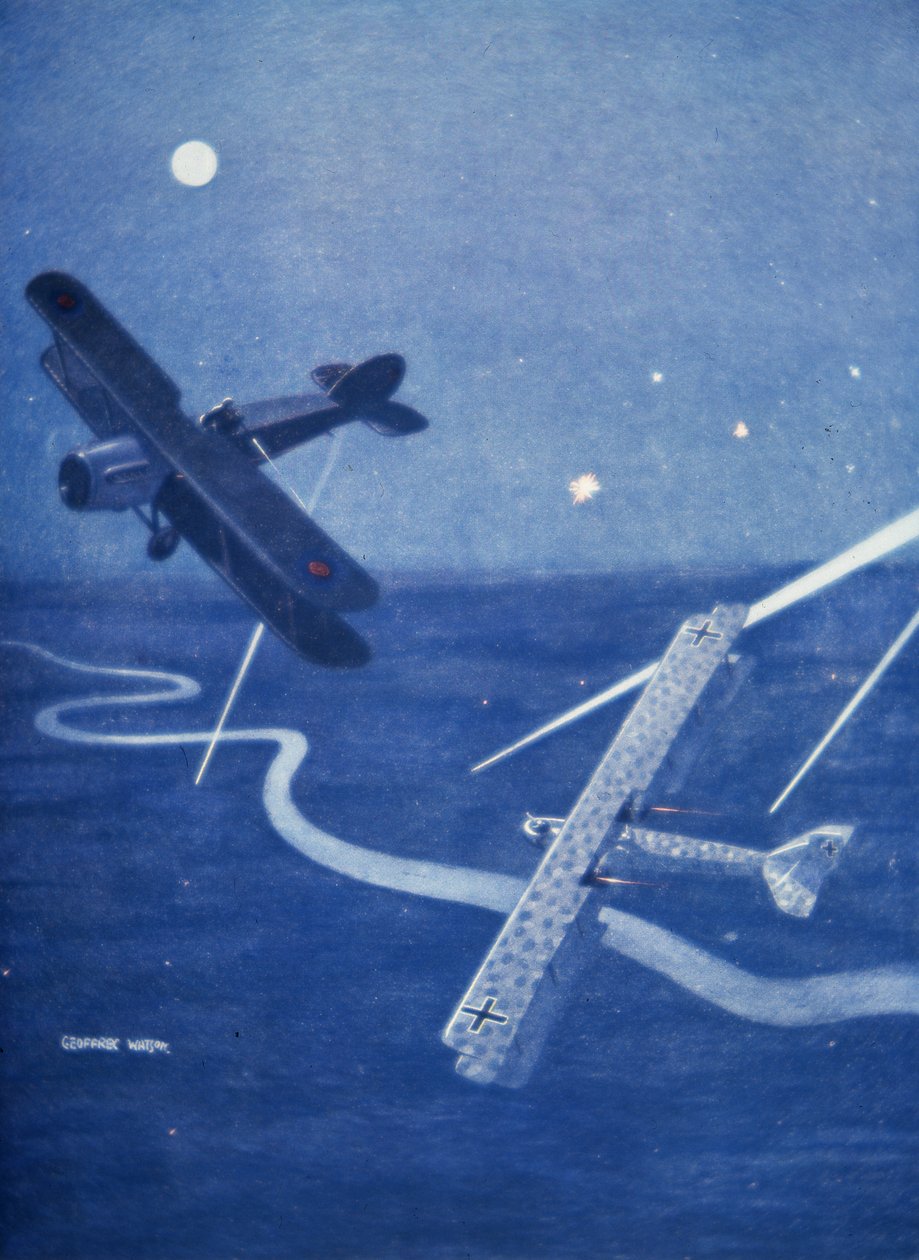 Caça Bristol ataca bombardeiro alemão Gotha sobre Londres à noite (lito colorido) de Geoffrey Watson