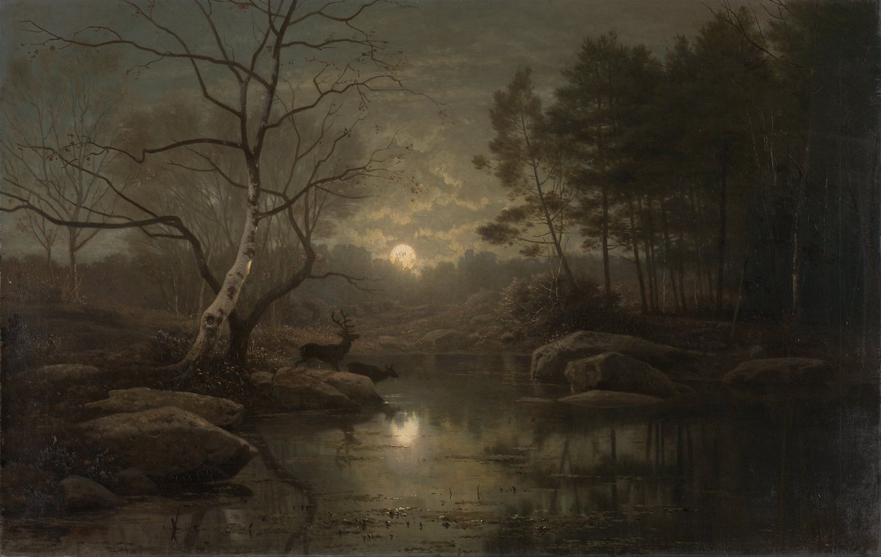 Paisagem de floresta ao luar. óleo sobre tela QS médio de Georg Eduard Otto Saal