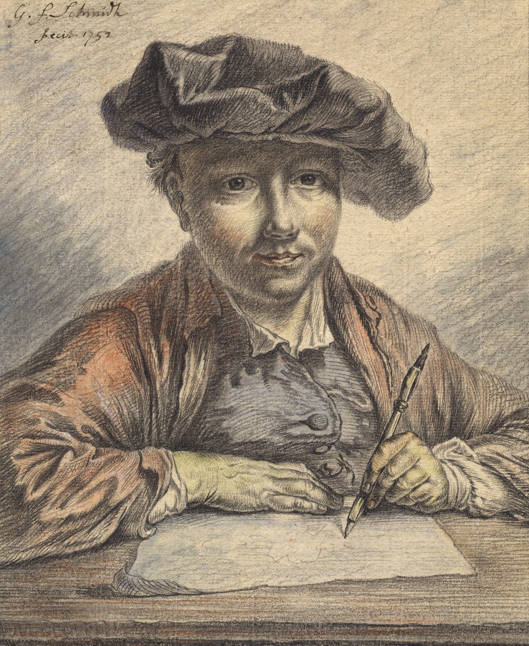 Self-Portrait Sketching, 1752 (giz preto e vermelho com aquarela, pastel, caneta e tinta preta) de Georg Friedrich Schmidt