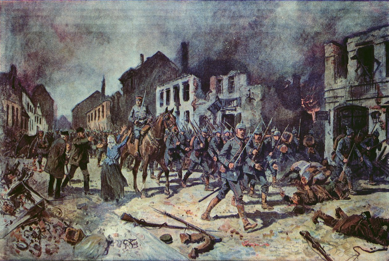 Tropas alemãs entrando na cidade de Ortelsburg durante a batalha de Tannenberg, agosto de 1914 de Georg Koch
