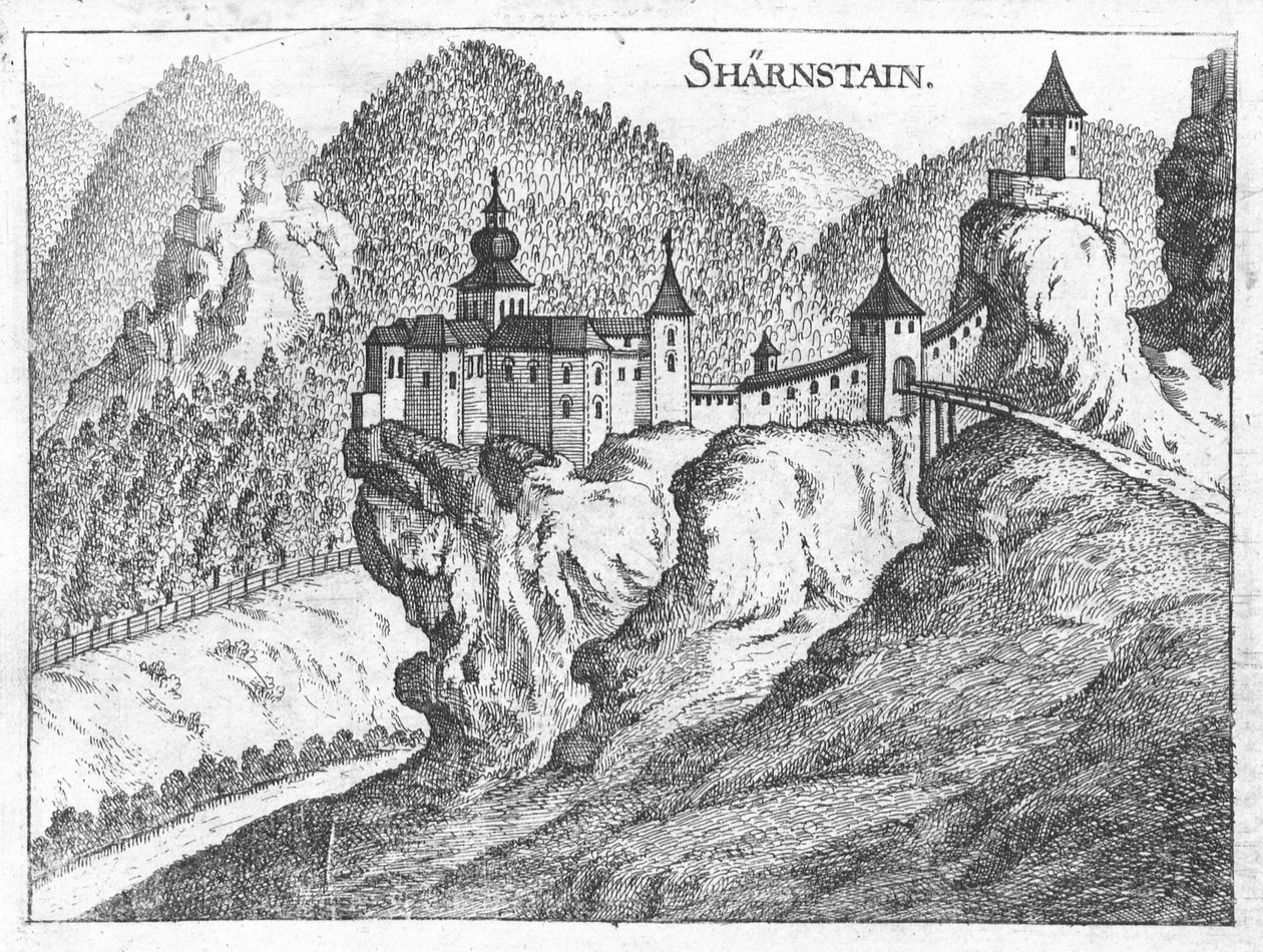 Gravura, vista, de, Scharnstein, castelo, áustria superior de Georg Matthaus Vischer