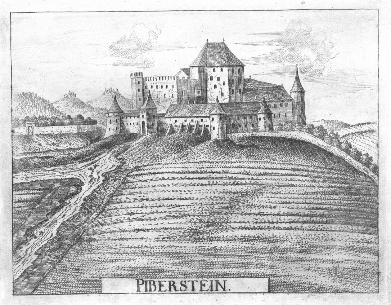 Gravura cobre, vista, de, castelo piberstein, áustria superior de Georg Matthaus Vischer