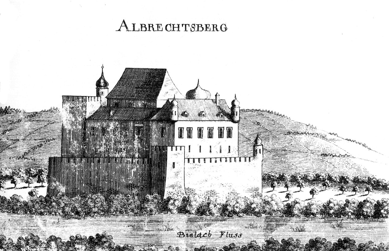 Gravura de Vischer do castelo Albrechtsberg sobre 1672 de Georg Matthaus Vischer