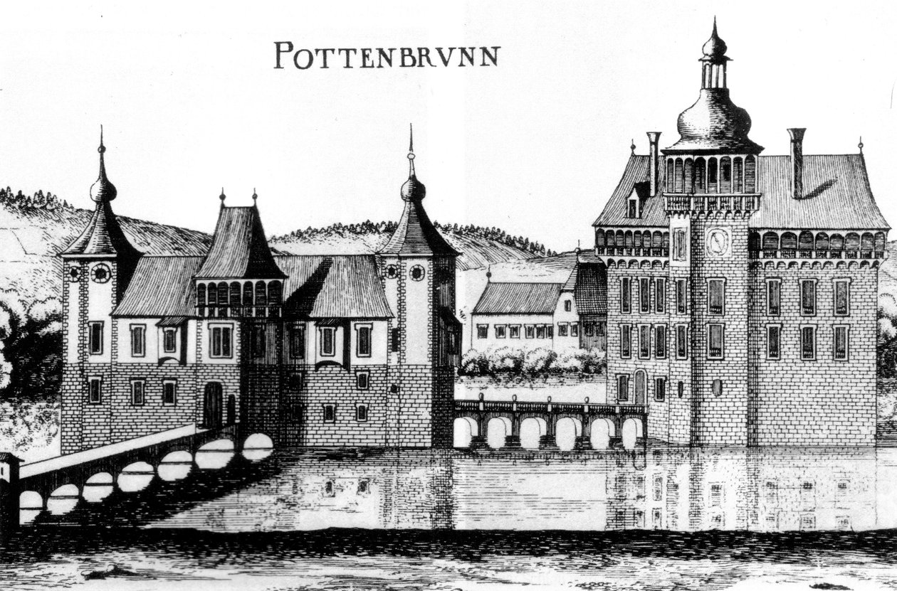 O castelo de Pottenbrunn em uma gravura por Georg Matthäus Vischer de 1672 de Georg Matthaus Vischer