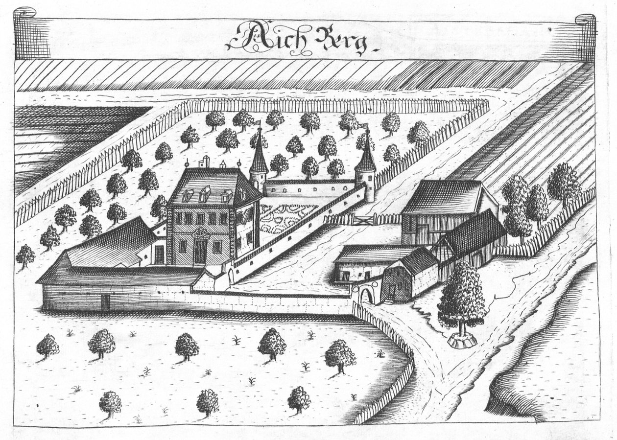 Gravura, vista do Castelo de Aichberg, Alta Áustria de Georg Matthaus Vischer