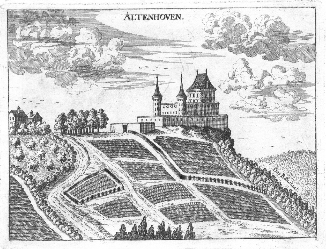 Gravura, vista, de, Altenhof, castelo, áustria superior de Georg Matthaus Vischer