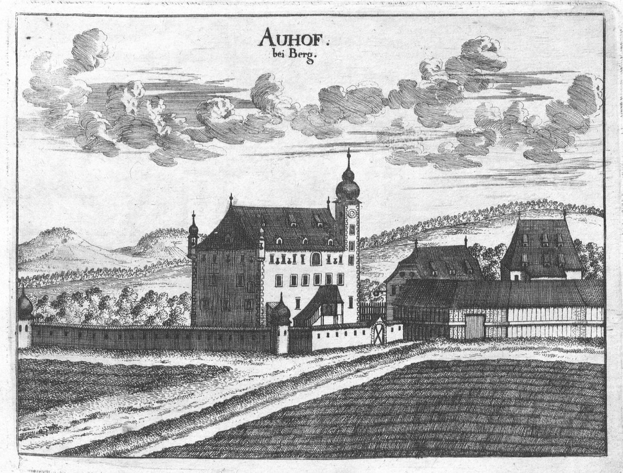Gravura, vista do Castelo de Auhof, Alta Áustria de Georg Matthaus Vischer