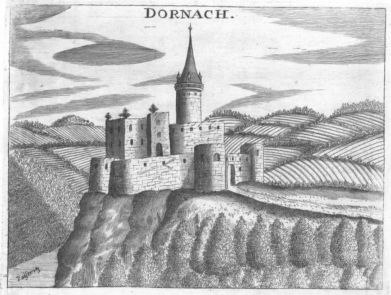 Gravura, vista, de, dornach, castelo, áustria superior de Georg Matthaus Vischer