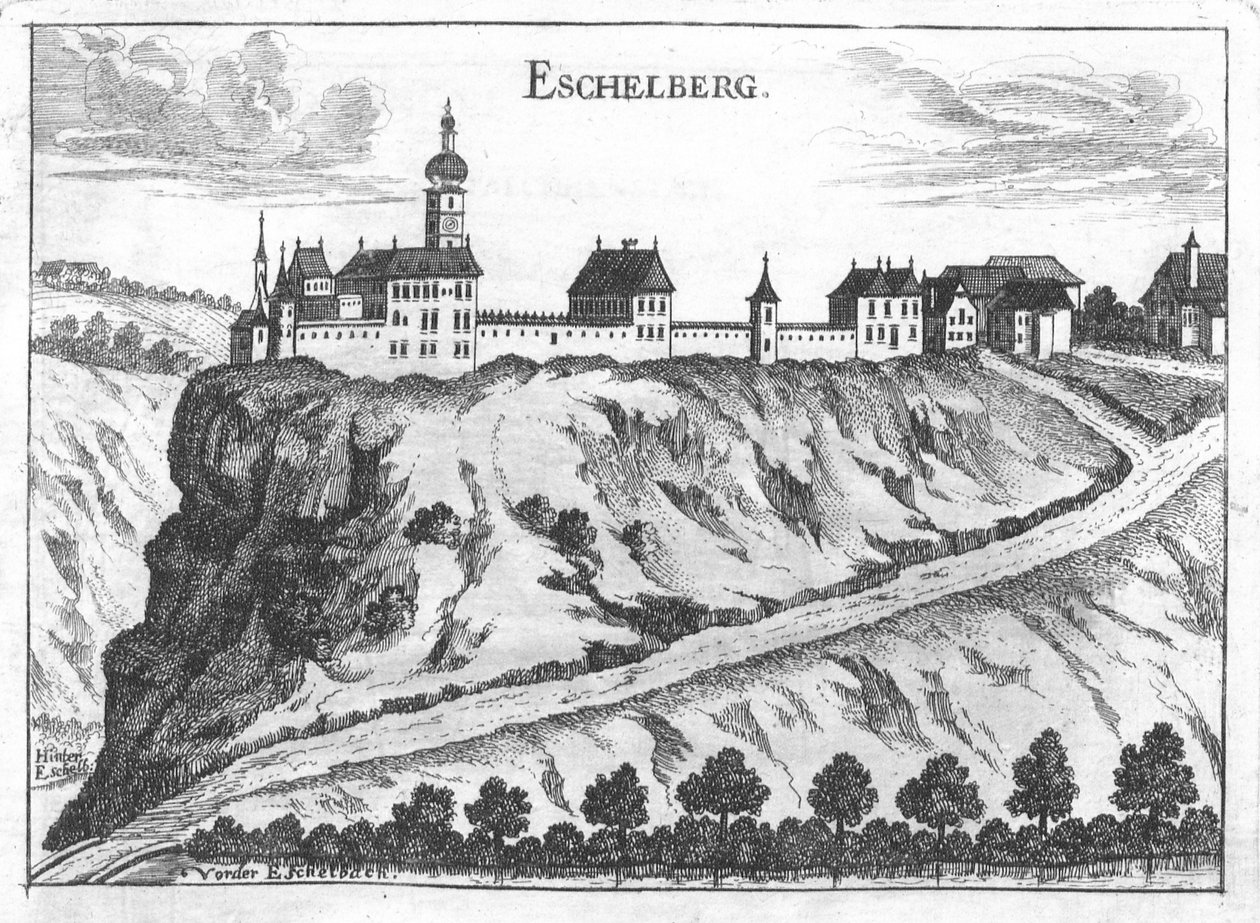 Gravura, vista do Castelo de Eschelberg de Georg Matthäus  Vischer