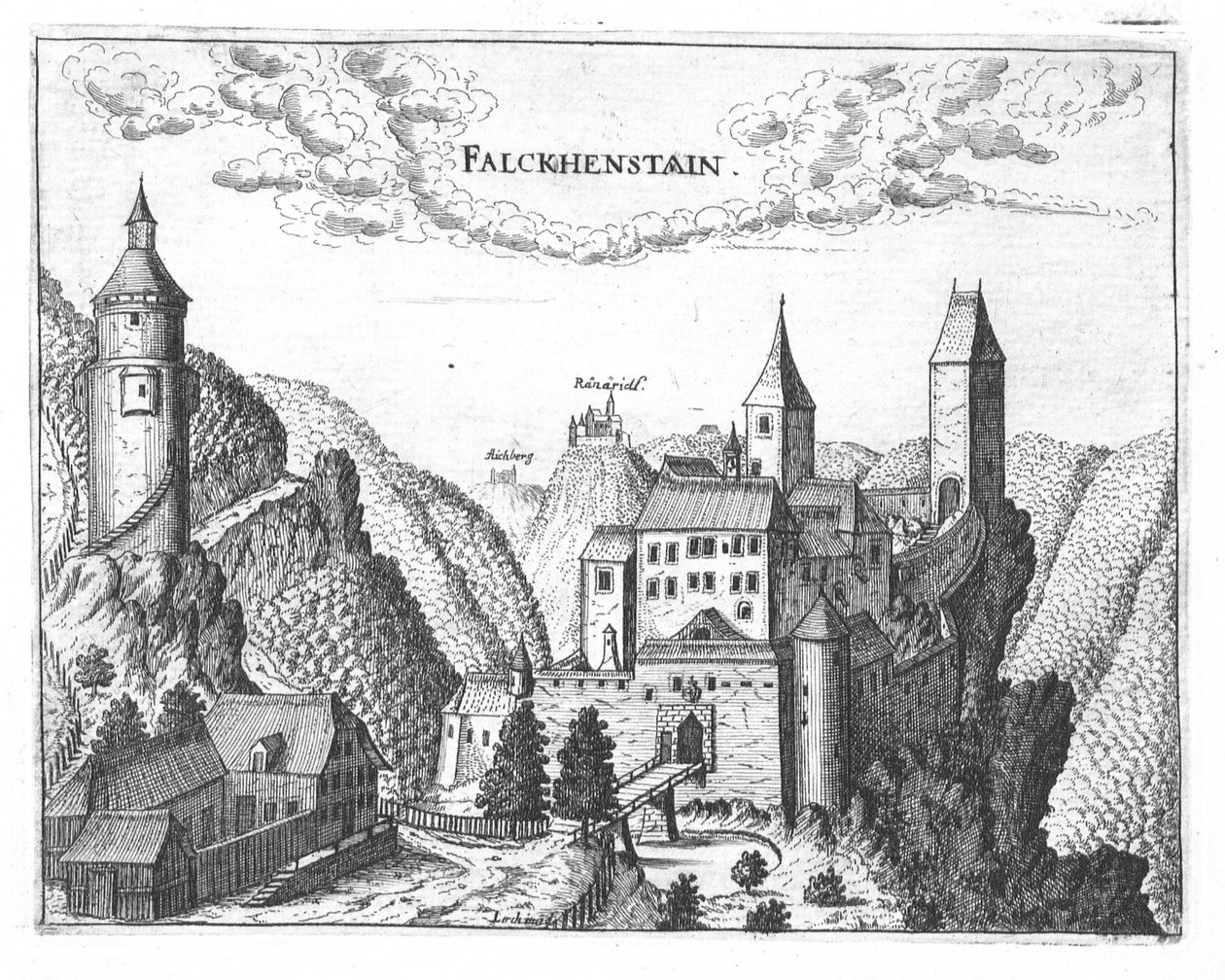Gravura, vista do Castelo de Falkenstein, Alta Áustria de Georg Matthaus Vischer
