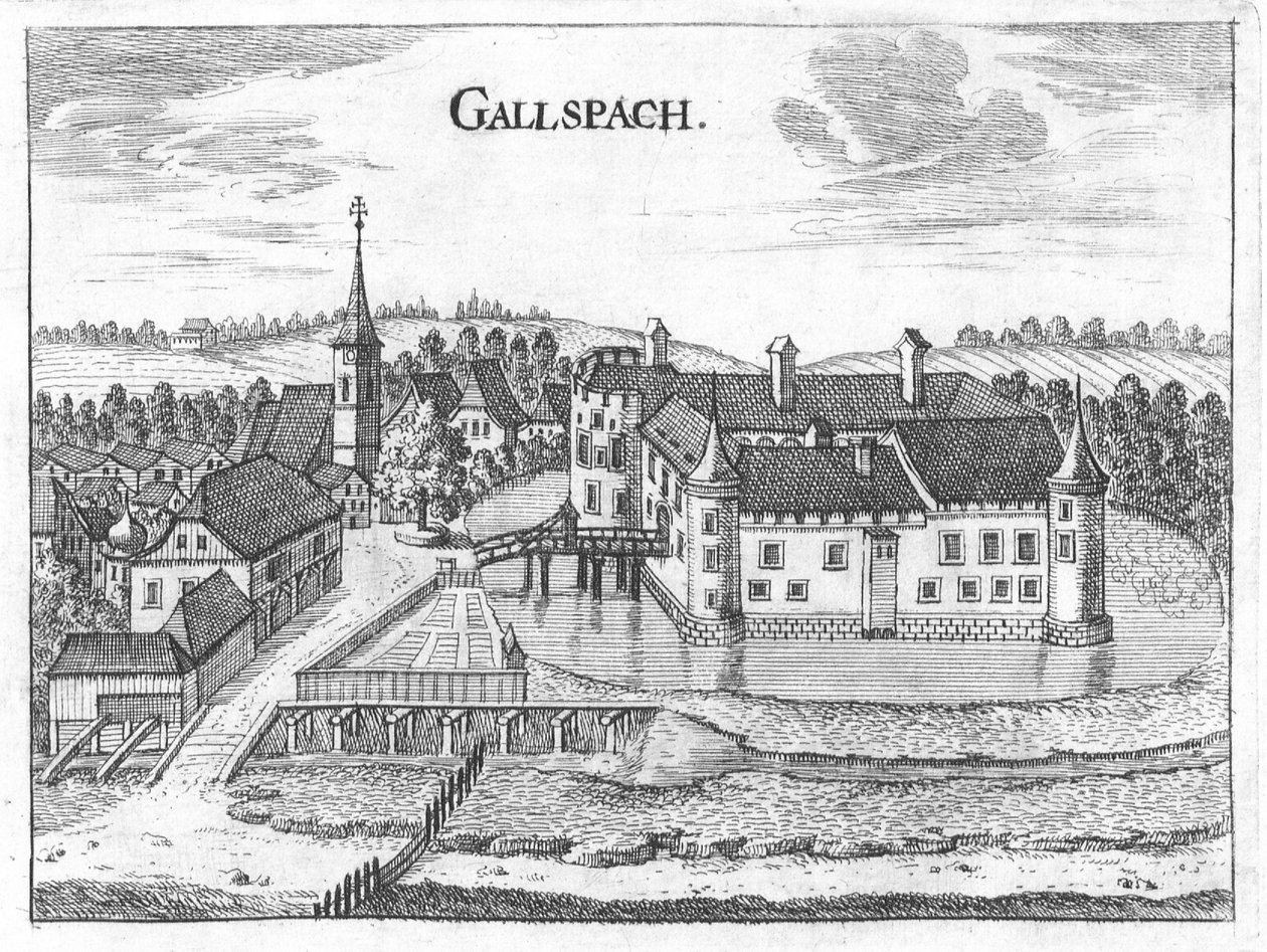 Gravura, vista do Castelo de Gallspach, Alta Áustria de Georg Matthaus Vischer
