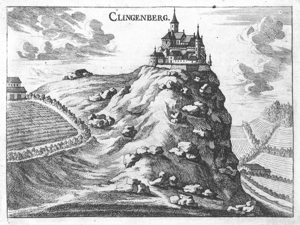 Gravura, vista do Castelo de Klingenberg, Alta Áustria de Georg Matthaus Vischer