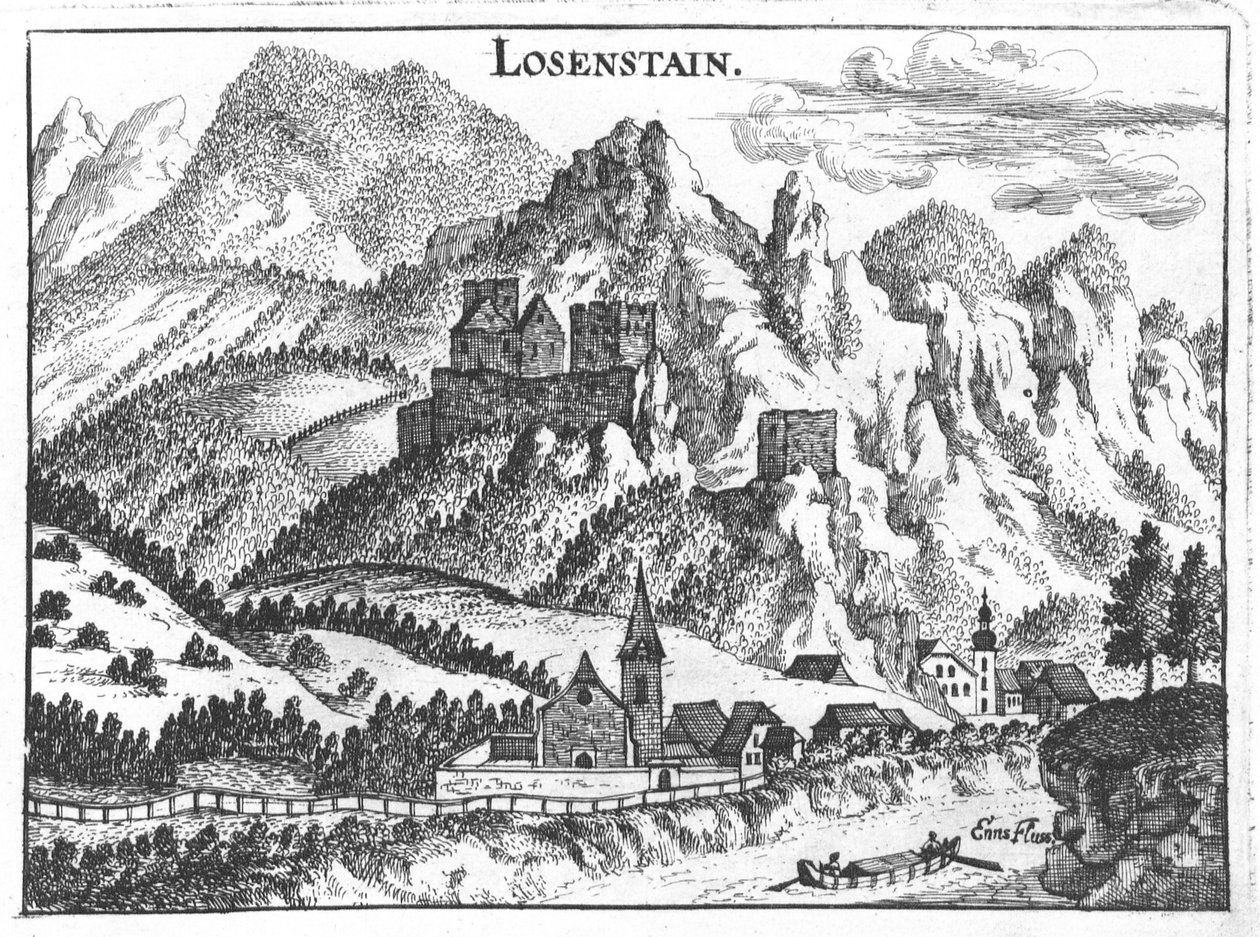 Gravura, vista, de, castelo losenstein, áustria superior de Georg Matthaus Vischer