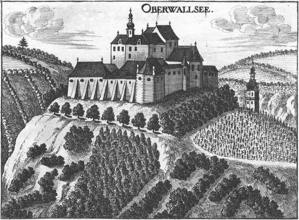 Gravura, vista do Castelo de Oberwallsee, Alta Áustria de Georg Matthäus  Vischer