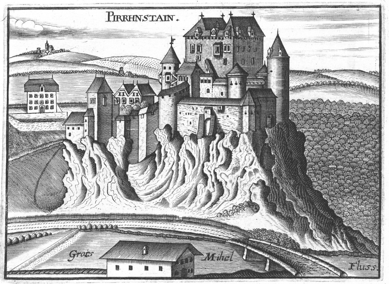 Gravura, vista, de, Pürnstein, castelo, áustria superior de Georg Matthaus Vischer