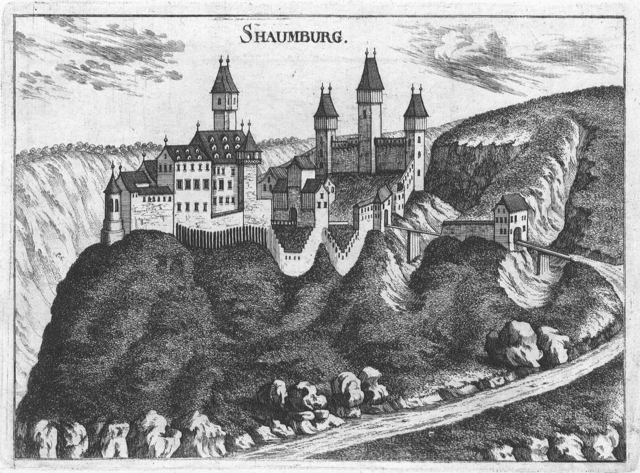 Gravura, vista do Castelo de Schaunburg, Alta Áustria de Georg Matthäus  Vischer