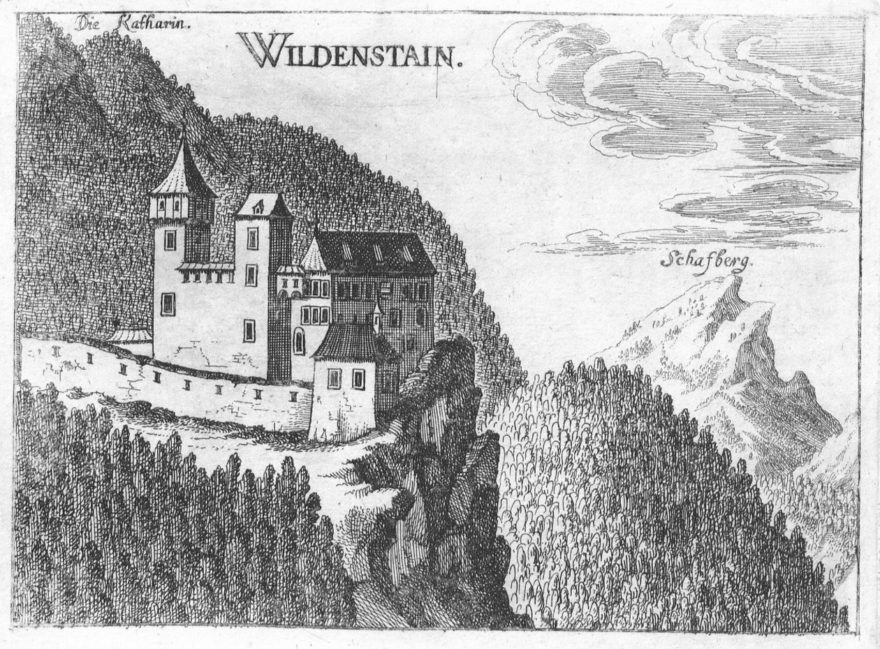Gravura, vista do Castelo de Wildenstein, Alta Áustria de Georg Matthaus Vischer