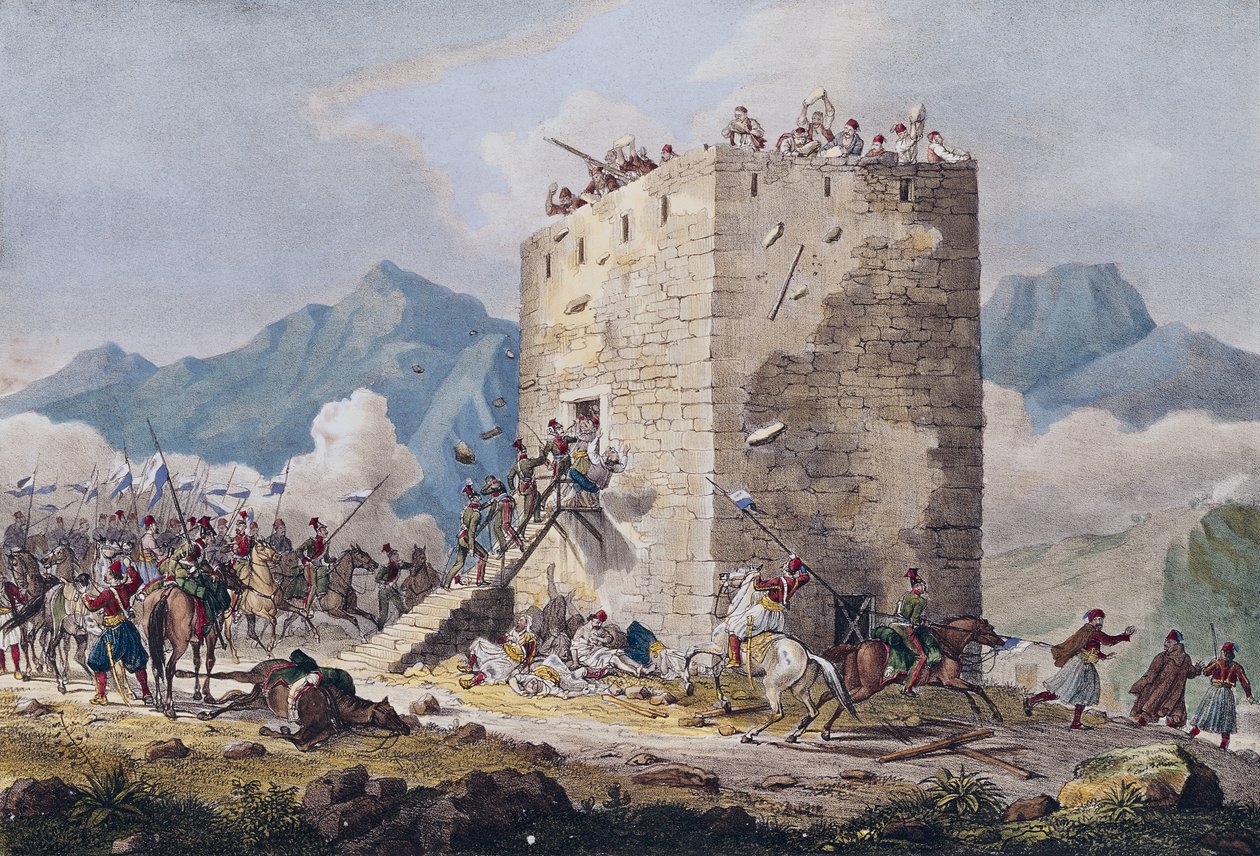 A resistência de quarenta rebeldes gregos em uma torre em Tebas em 1833 de Georg Melchior Kraus