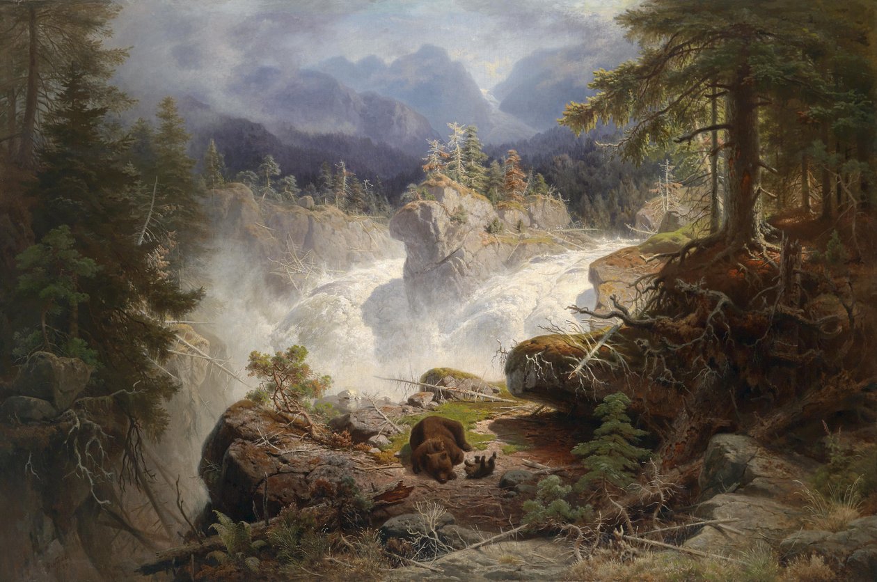 Bear família na paisagem de montanha mais distante de Georg Eduard Otto Saal