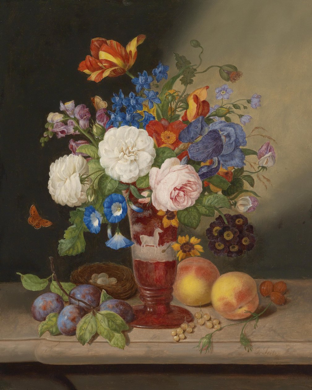 Buquê em um vaso rodeado de frutas de Georg Seitz