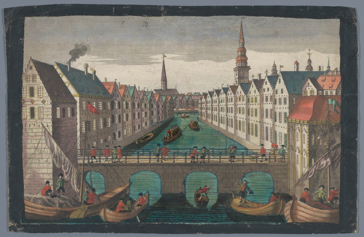 Vista do Nikolaifleet em frente ao Sankt Nikolaikirche em Hamburgo Perspectiva contra o St. Nicolai Kirche zu Hamburg de Georg Balthasar Probst (possibly)