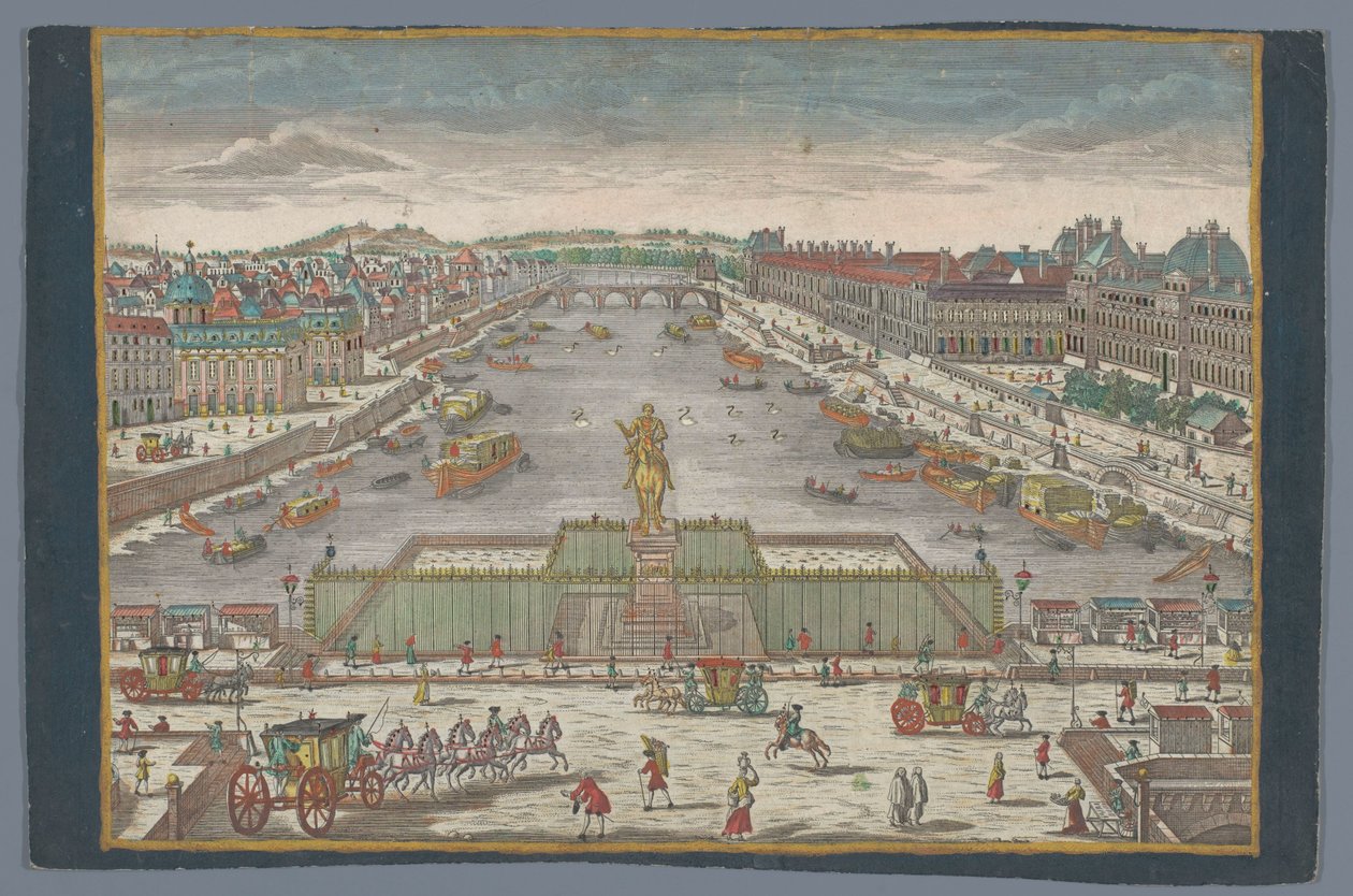 Vista da Pont Neuf sobre o rio Sena em Paris, olhando para a Pont Royal Gesicht der Neuen Bruck, gegen der Königl. Bruck zu Paris de Georg Balthasar Probst (possibly)