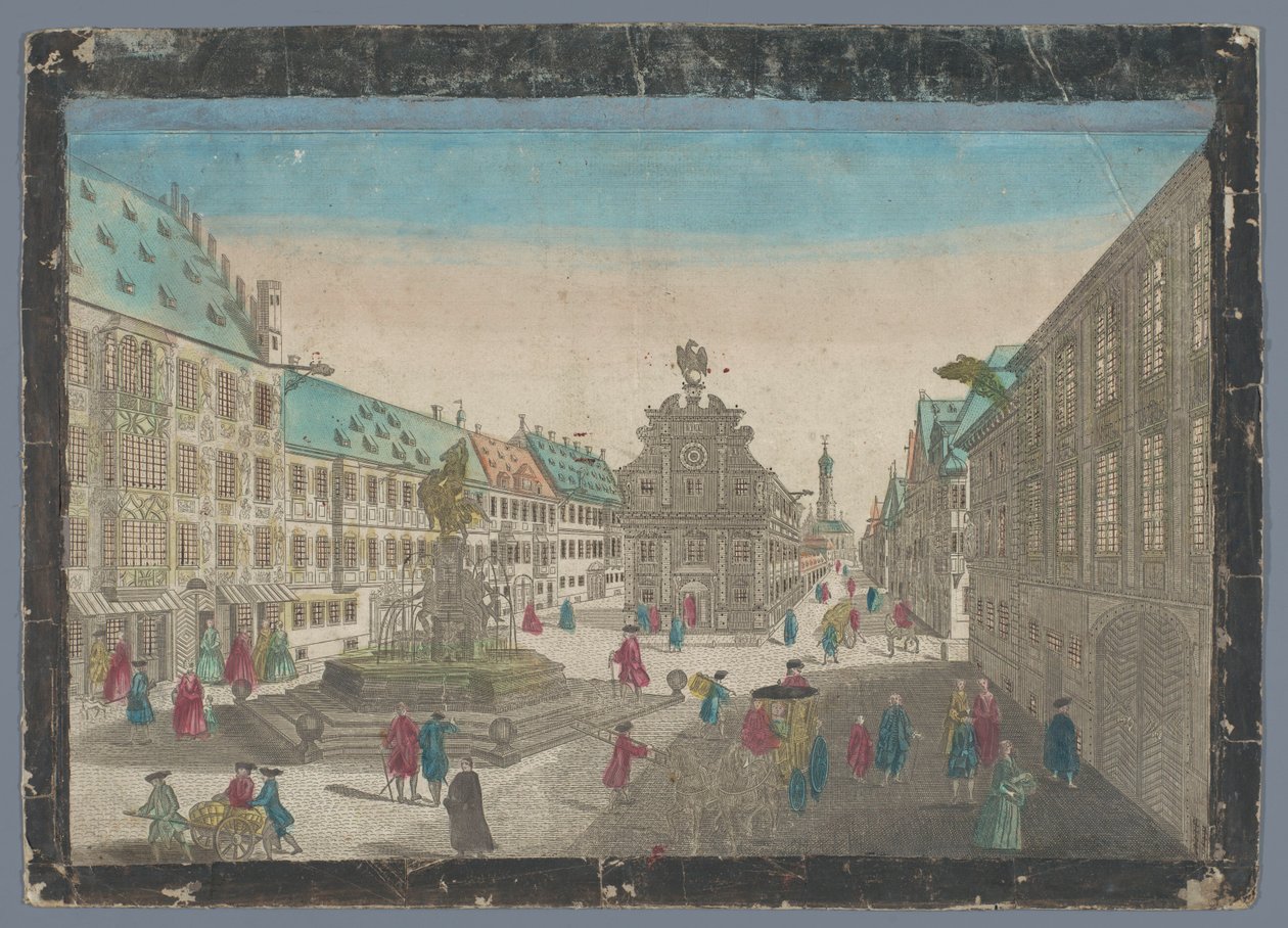 Vista do mercado do vinho em Augsburg
Prospecção do Mercado do Vinho no Saltz Stadel em direcção a S. Ulrich em Augspurg (título no objecto) de Georg Balthasar Probst (possibly)
