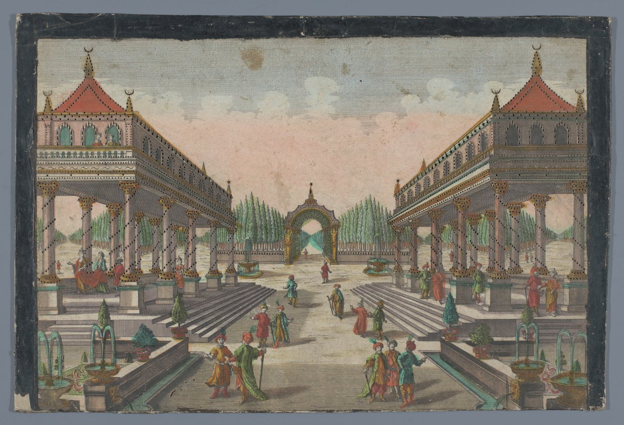 Vista de uma colunata em direção a um jardim de ciprestes em Constantinopla Colonnata no Groß-Sultans Lust-Garten de Georg Balthasar Probst (possibly)