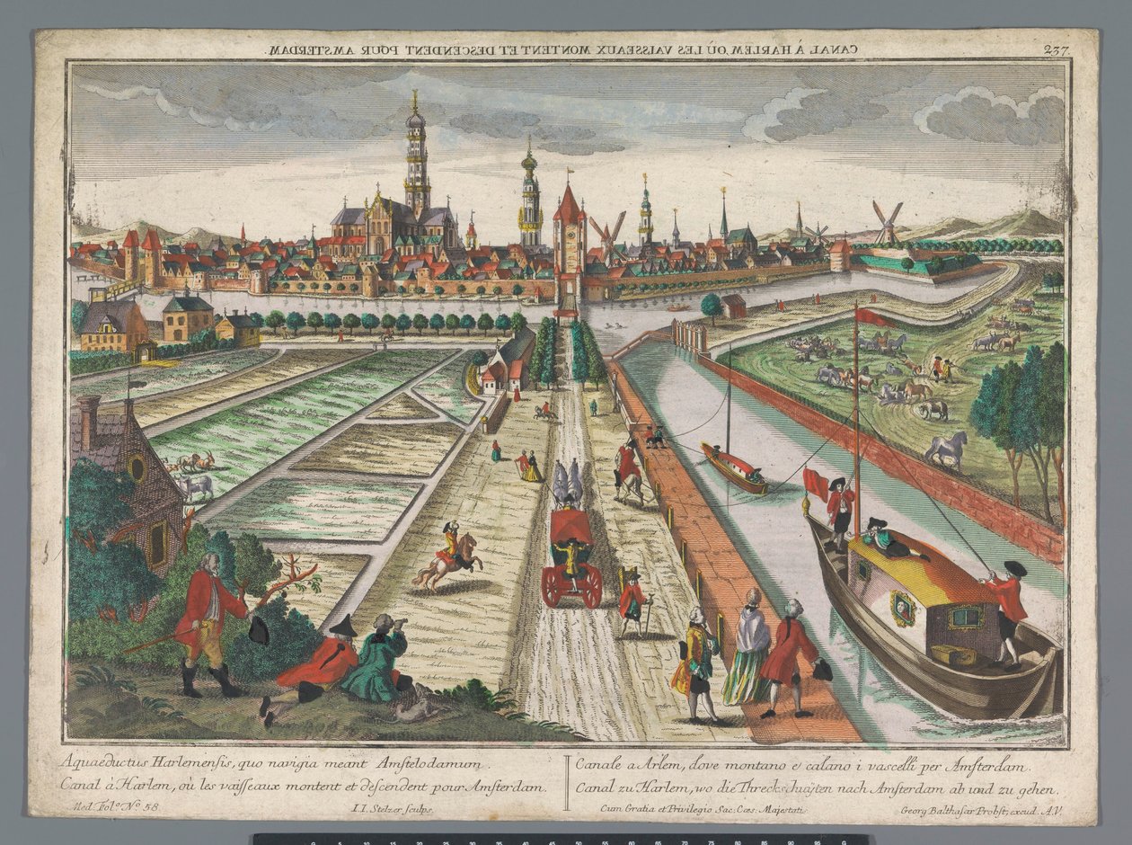 Vista do Canal de Amsterdão em Haarlem
Canal zu Harlem, wo die Threckschuijten nach Amsterdam ab und zu gehen (título sobre o objecto)
Haarlem (título da série) de Georg Balthasar Probst