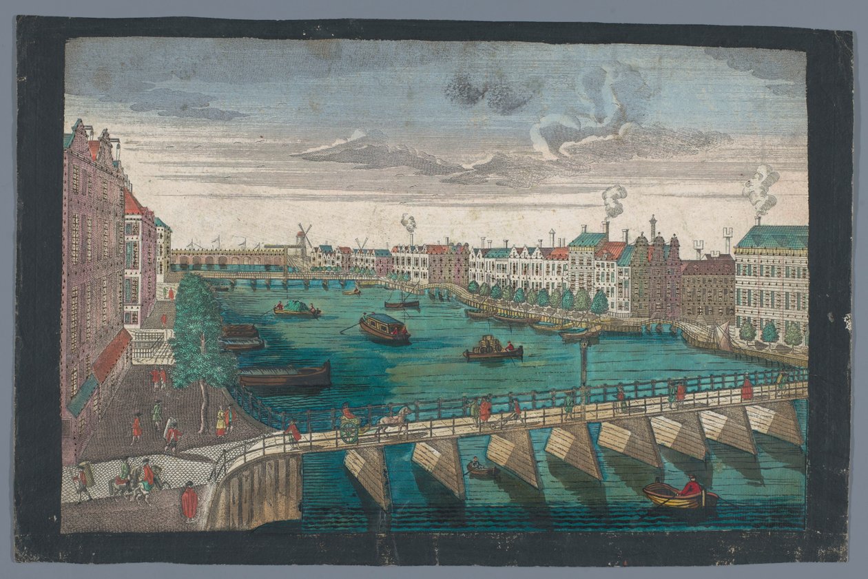 Vista do Binnen-Amstel entre o Blauwbrug e o Hogesluis em Amesterdão
Die Amstel von innen nach der blauen Brücke gegen der Wasser Schleuße zu Amsterdam (título sobre o objecto) de Georg Balthasar Probst