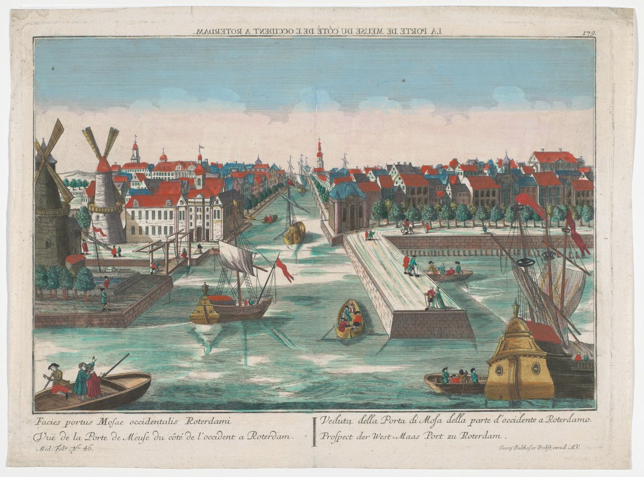 Vista do Wester Nieuwe Hoofdpoort e do Ooster Nieuwe Hoofdpoort em Roterdão
Prospect der West-Maas Port zu Roterdam (título sobre o objecto)
Roterdão (título da série) de Georg Balthasar Probst