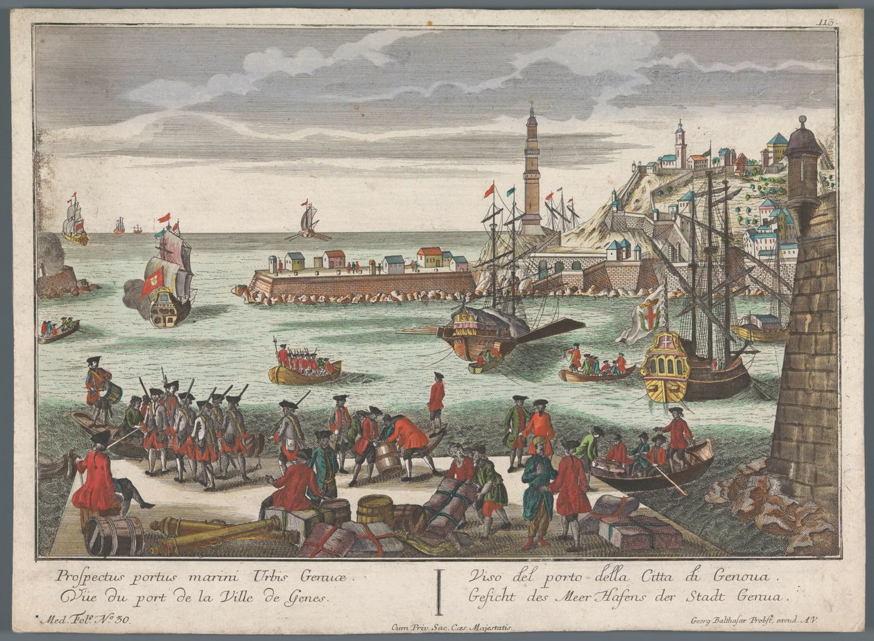 Vista do porto de Génova
Gesicht des Meer Hafens der Stadt Genova (título sobre o objecto)
Vistas do porto (título da série) de Georg Balthasar Probst