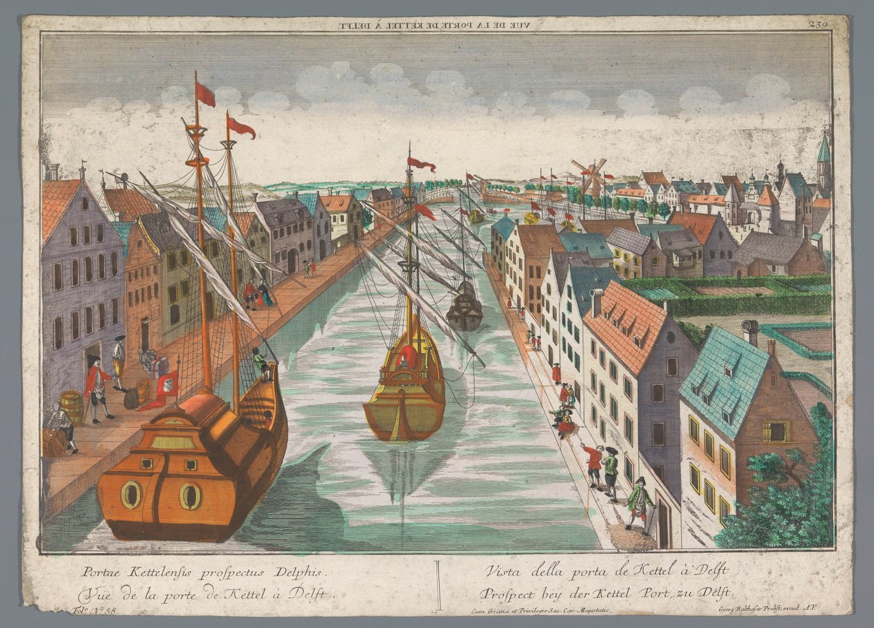 Vista de um canal nas proximidades do Ketelpoort em Delft Prospect bey der Kettel Port, zu Delft (título no objeto) Delft (título da série) de Georg Balthasar Probst