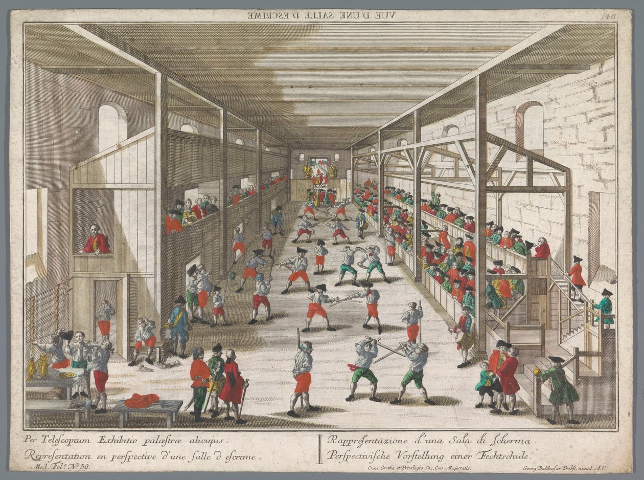 Vista de uma escola de esgrima Perspectivische Vorstellung einer Fechtschule (título no objeto) Escolas de Torneio e Esgrima (título da série) de Georg Balthasar Probst