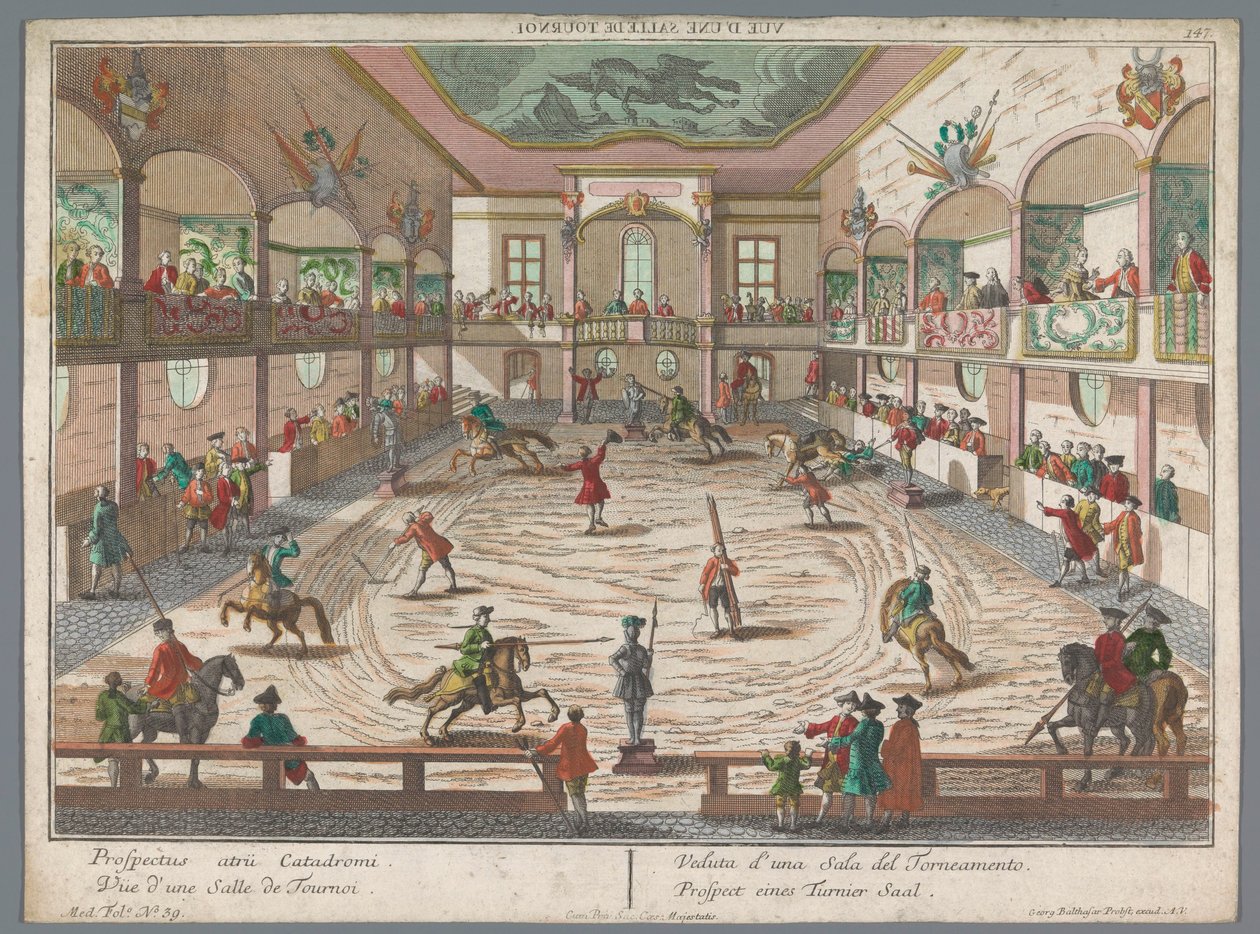 Vista de uma escola de torneios
Prospect eines Turnier Saal (título sobre o objecto)
Torneio e escolas de esgrima (título da série) de Georg Balthasar Probst