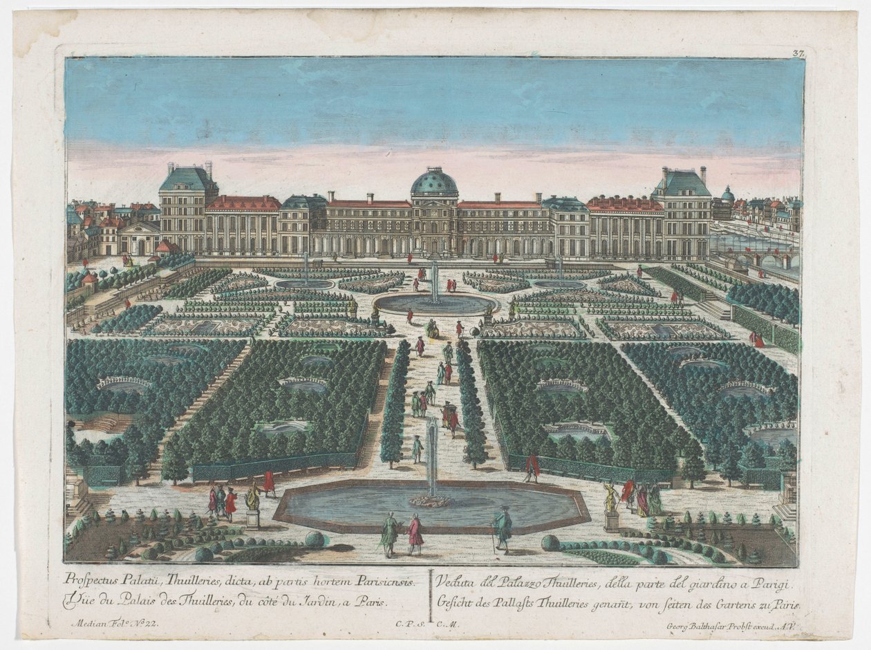 Vista do Palais des Tuileries em Paris vista do Jardin des Tuileries
Gesicht des Pallasts Thuilleries genannt, von seiten des Gartens zu Paris (título sobre o objecto)
Paris (título da série) de Georg Balthasar Probst