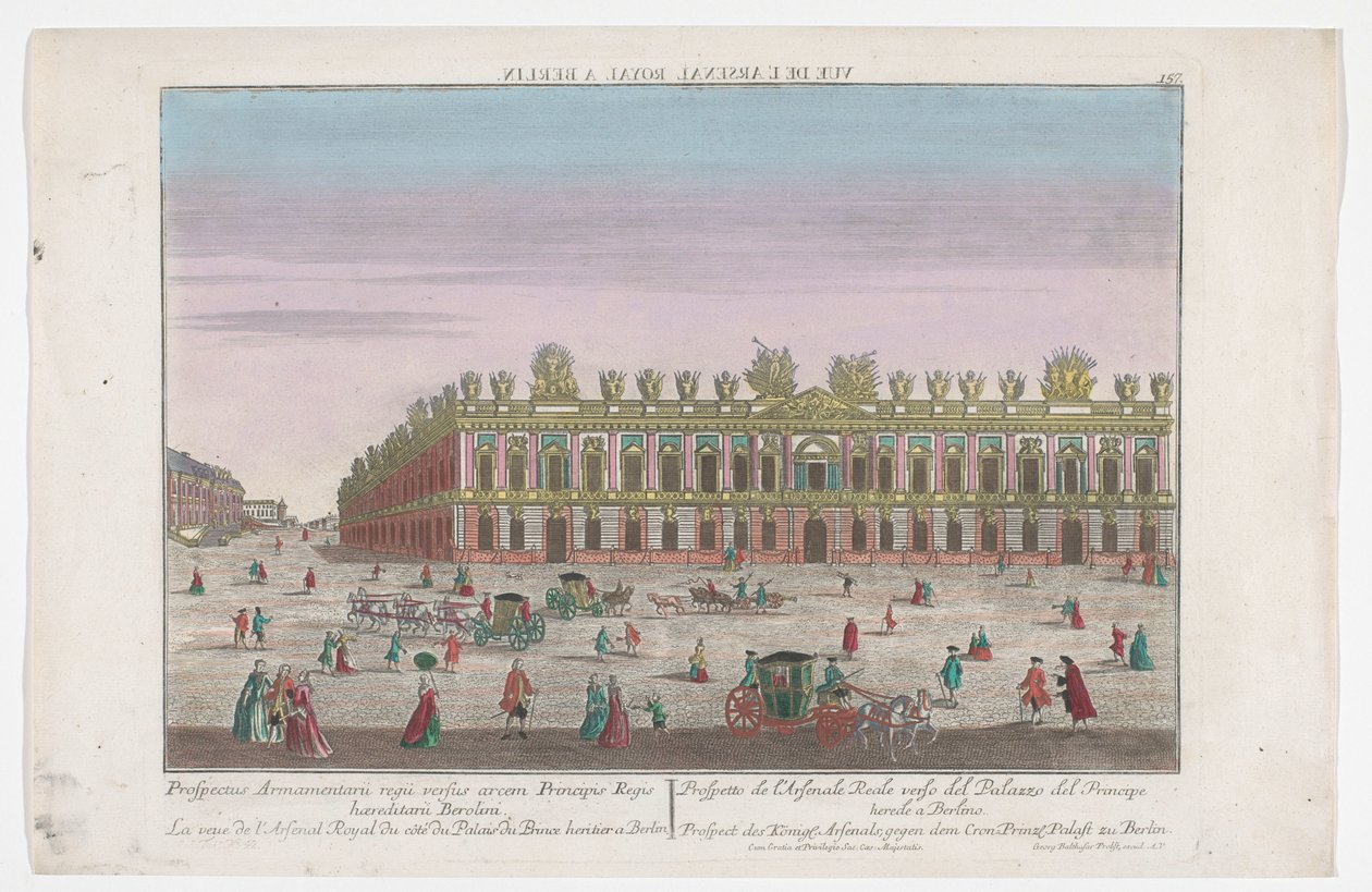 Vista do Zeughaus em Berlim Prospect des Koenigl. Arsenals, gegen dem Cron.Prinzl. Palácio de Berlim (título no objeto) Berlim (título da série) de Georg Balthasar Probst