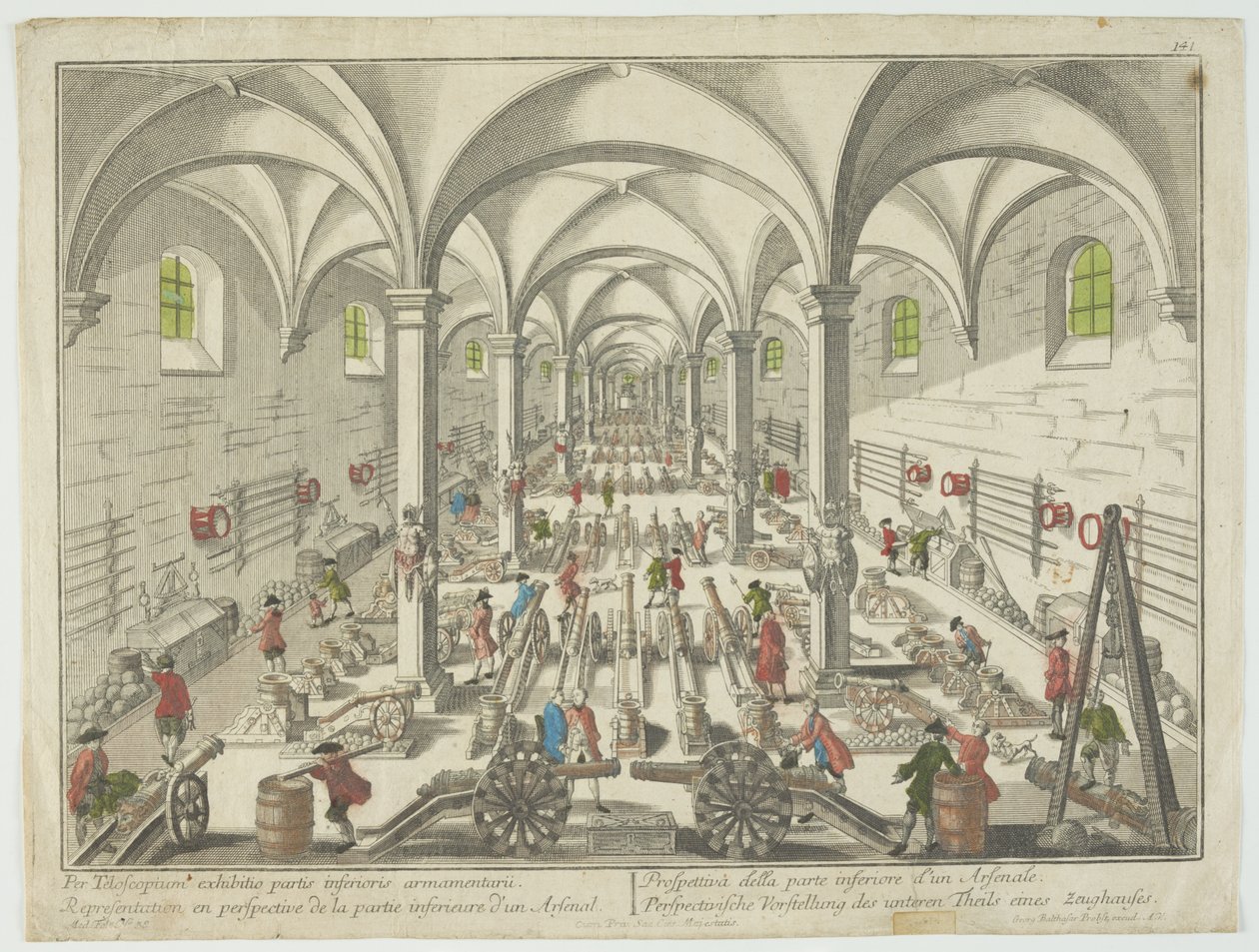 Per telecopium exhibitio partis inferioris armamentarii, Representação em perspectiva de la partie inferieure d&39;un arsenal, c.1750 (gravura colorida à mão) de Georg Balthasar Probst