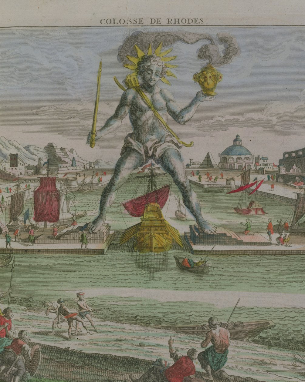 O colosso de Rodes, detalhe da estátua abrangendo a entrada para o detalhe de gravura do porto de 87200 de Georg Balthasar Probst