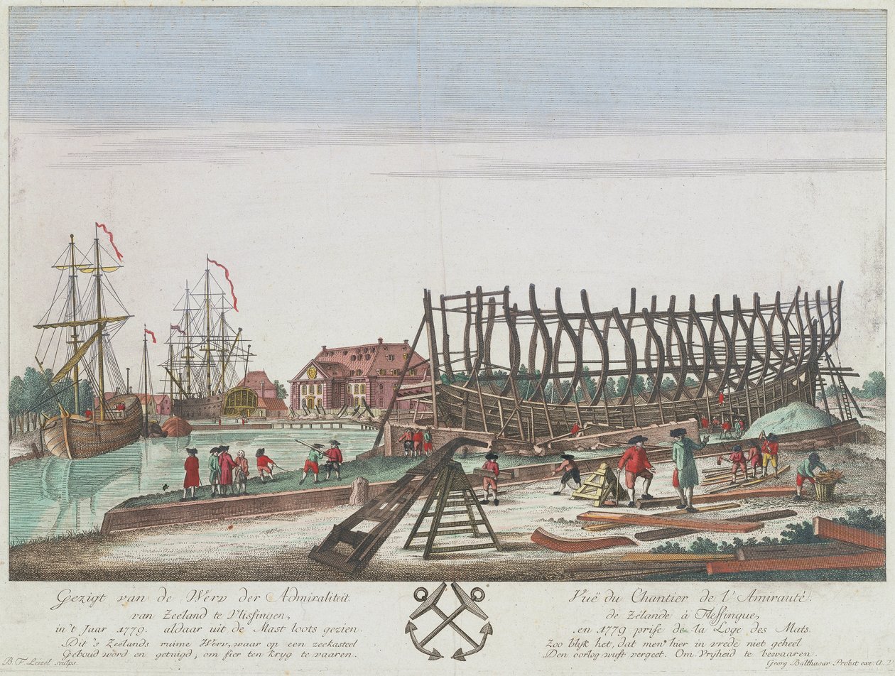 Vista do estaleiro do Almirantado da Zelândia em Vlissingen, em 1779. Litografia (36,3x49,1 cm), gravura de Leizel baseada num desenho de Georg Balthasar Probst (1732-1801) de Georg Balthasar Probst
