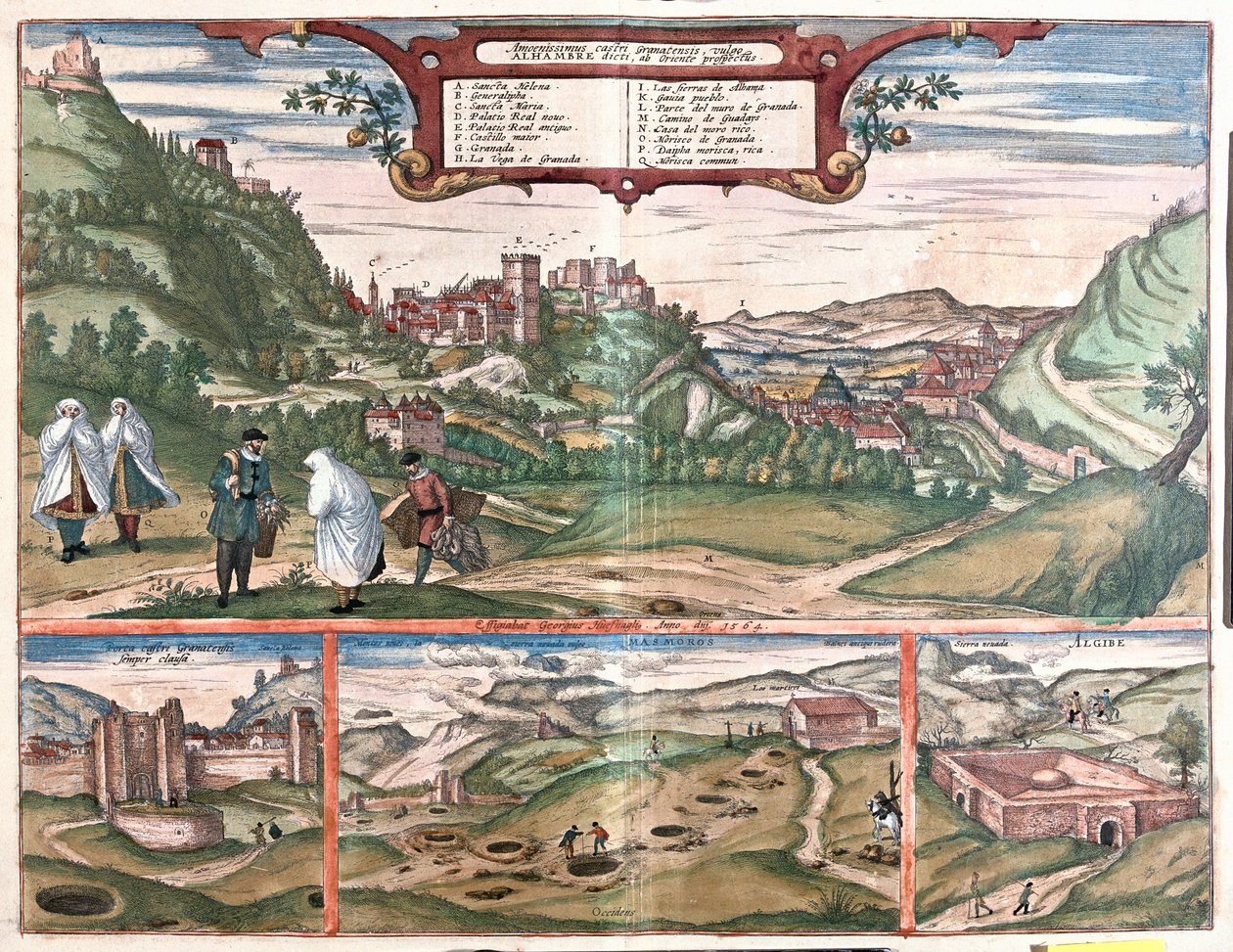 Alhambra - Mounths of the Masmoros caves - Granada, Espanha - in "Civitates Orbis Terrarum" de Georg Braun, Colónia 1617 de Georg Braun