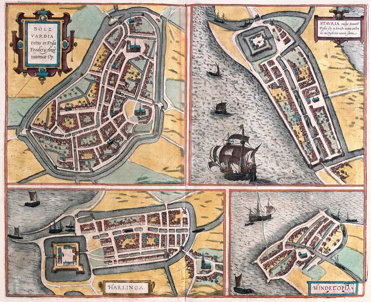 Bolsward, Stavoren, Harlingen e Hindelopen, Países Baixos - em "Civitates Orbis Terrarum" de Georg Braun, Colónia 1617 de Georg Braun