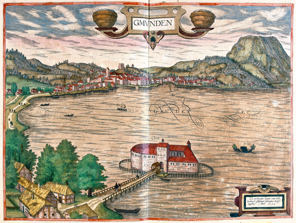 Gmunden, Áustria - em "Civitates Orbis Terrarum" de Georg Braun, Colónia 1617 de Georg Braun