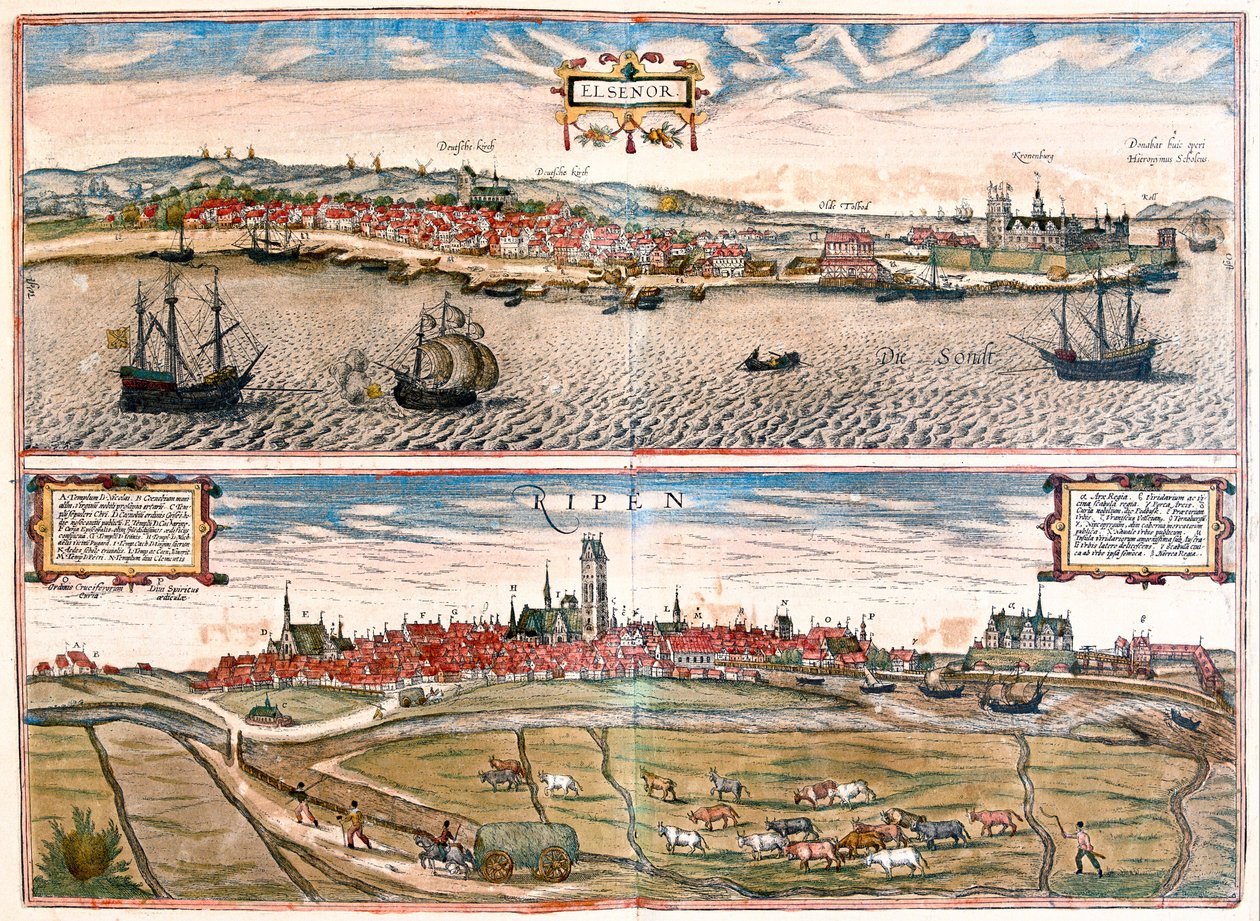 Helsingor (Helsimor - Hamlet), Dinamarca - em "Civitates Orbis Terrarum" de Georg Braun, Colónia 1617 de Georg Braun