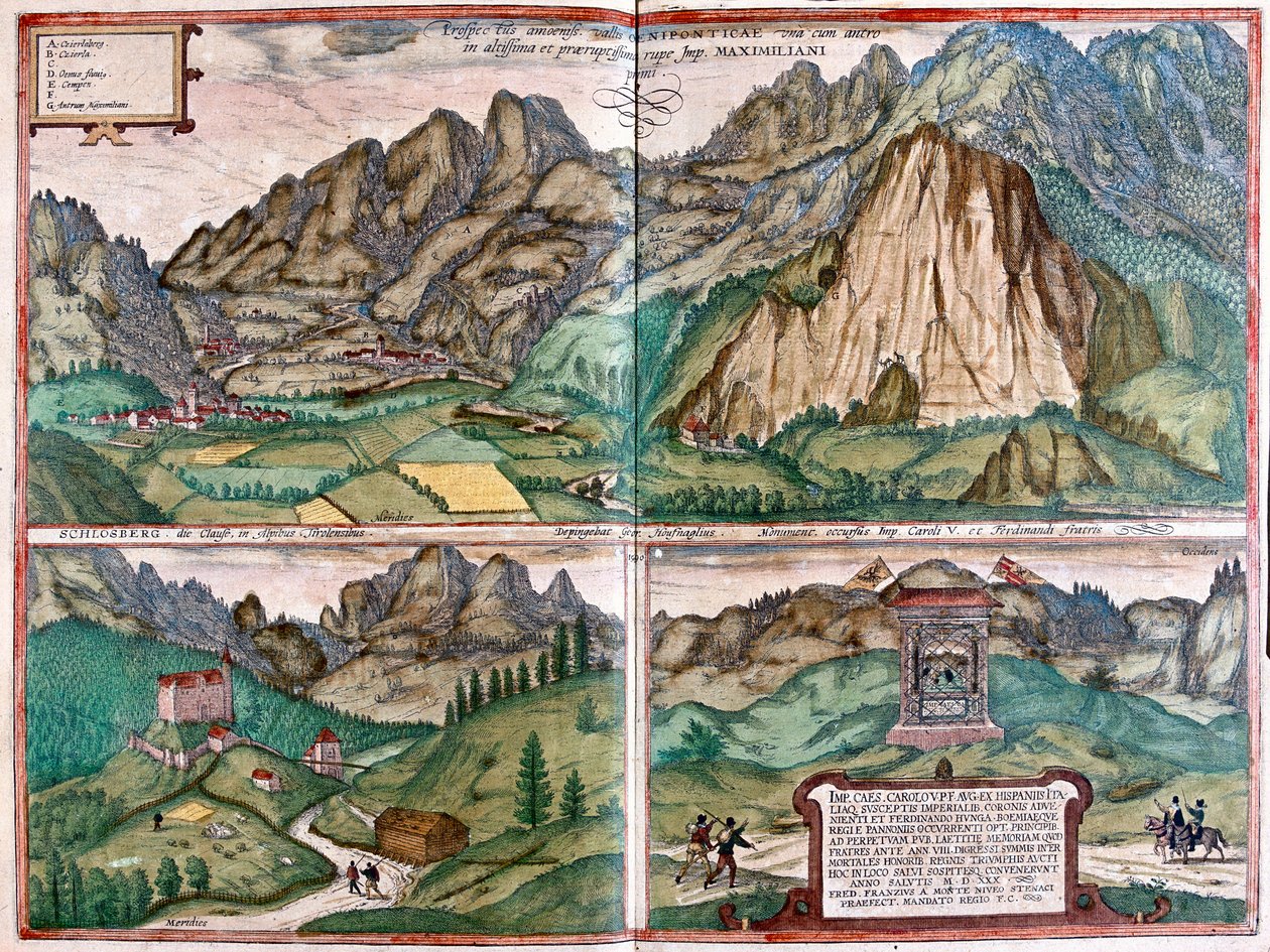Vale do Inn - Schlosberg - A gruta do Imperador Maximiliano I - Áustria - em "Civitates Orbis Terrarum" de Georg Braun, Colónia 1617 de Georg Braun